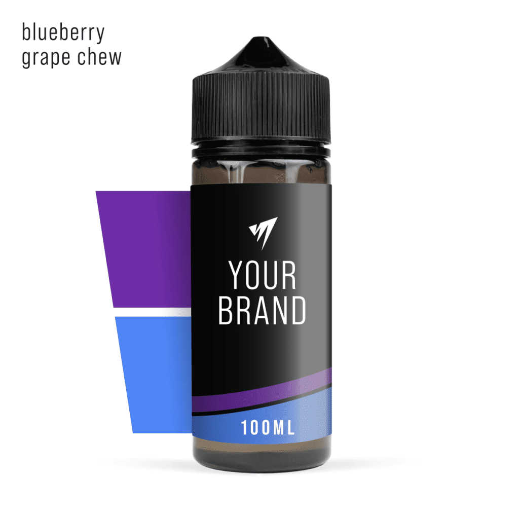 100ml white label shortfill e-liquid blueberry grape chew flavour on studio background