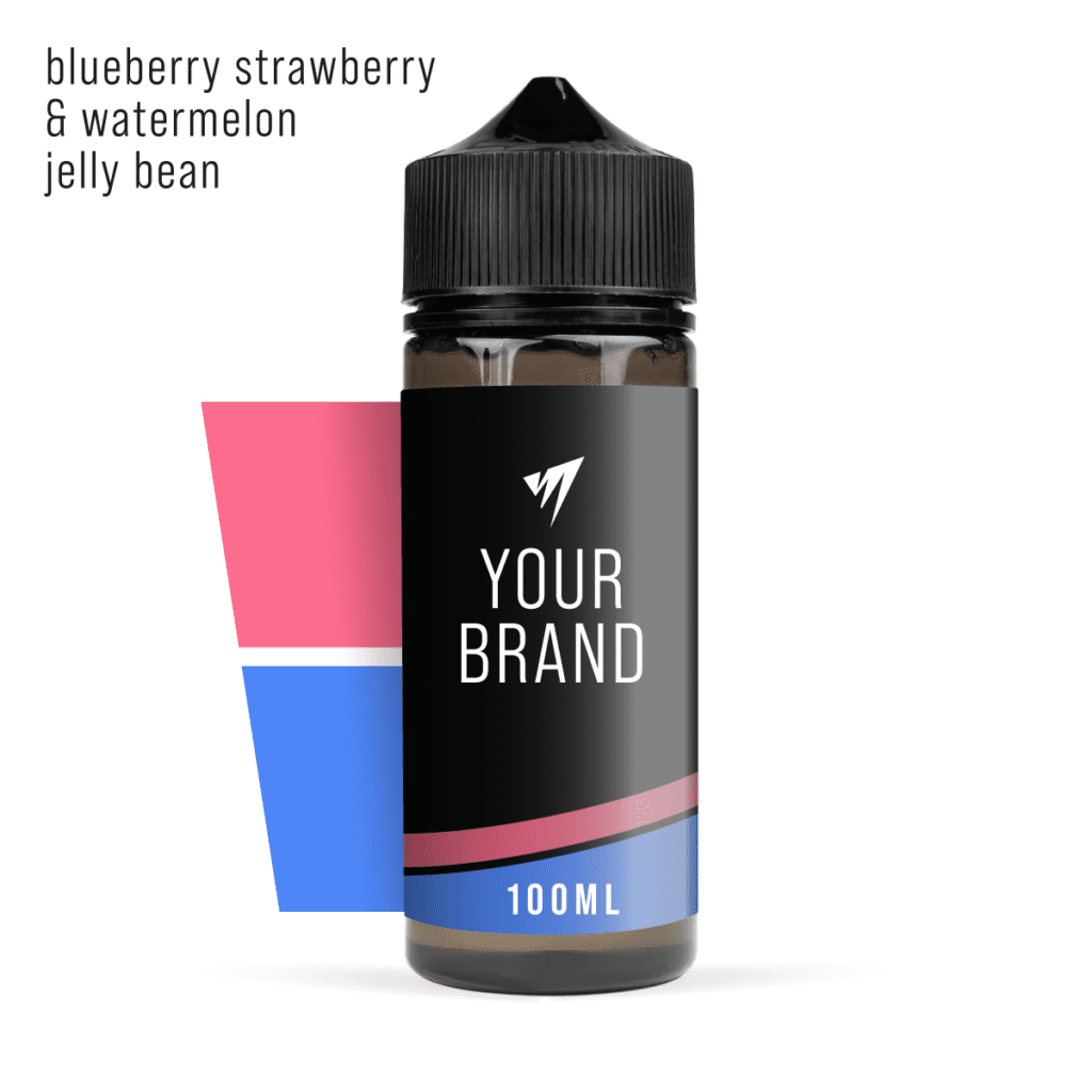 100ml white label shortfill e-liquid blueberry strawberry watermelon jelly bean flavour shortfill on studio background