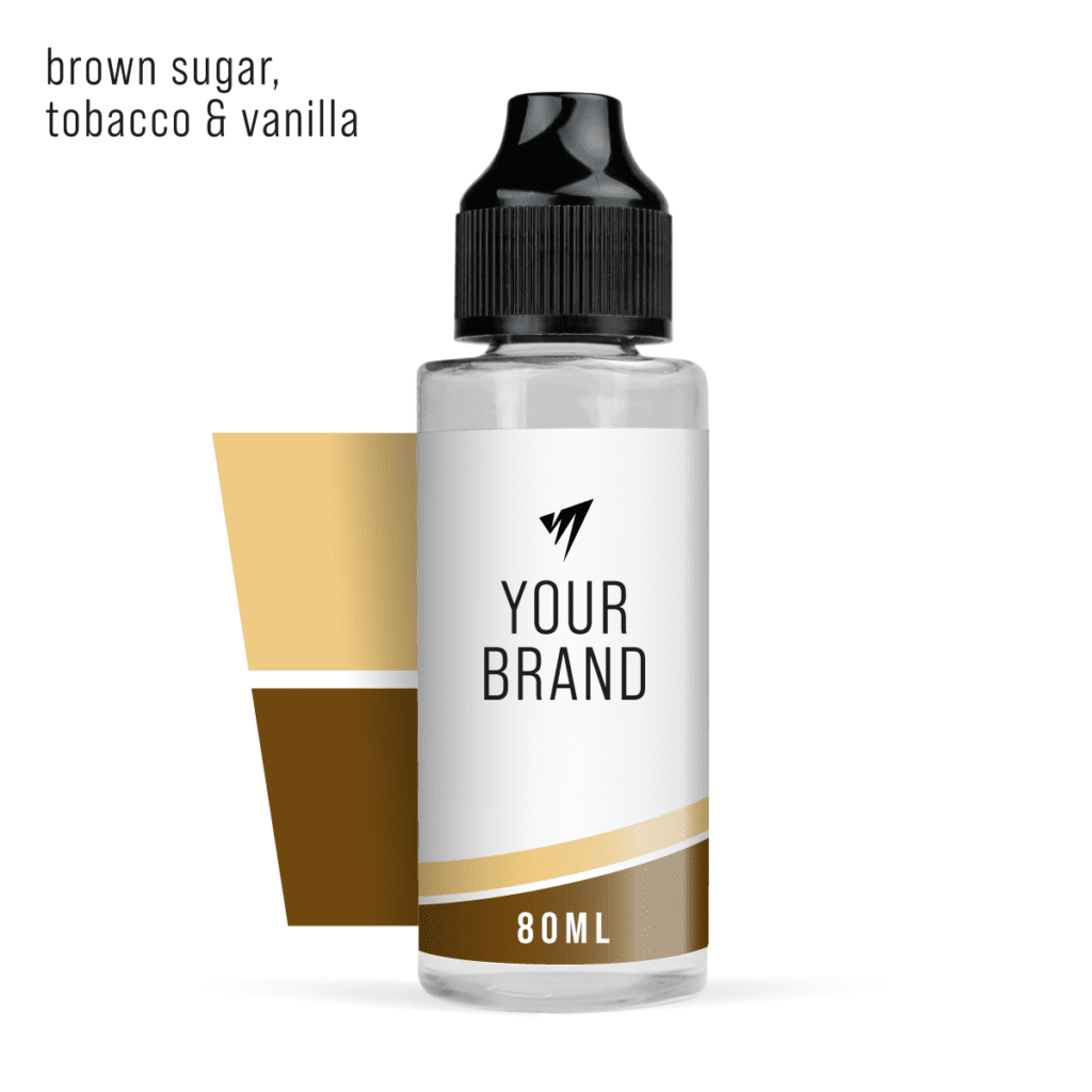 white label shortfill e-liquid 80ml vanilla tobacco and brown sugar flavour on studio background