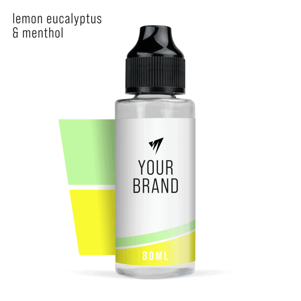 premium white label shortfill e-liquid lemon eucalyptus and menthol 80ml flavour on studio background