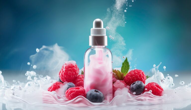 E-Liquid tester bottle with fruit and milk background for flavours